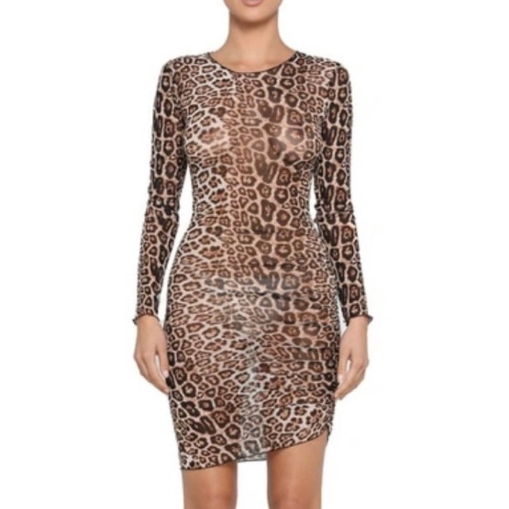 TIGERMIST Aarya Sheer Leopard Print Long Sleeve Body-Con Dress  Size: Medium